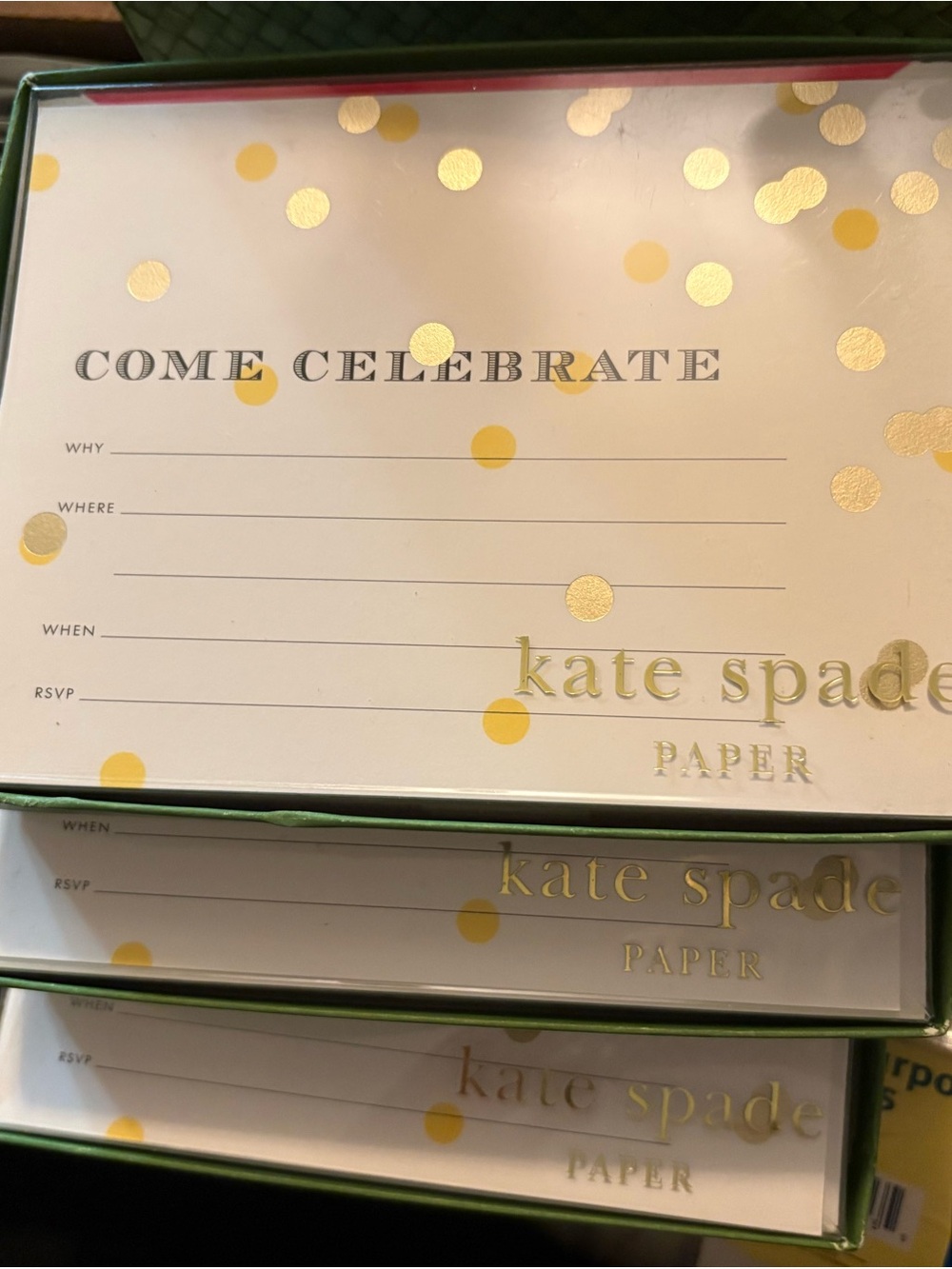 kate spade gold and white "Come Celebrate" Party Invitation Cards